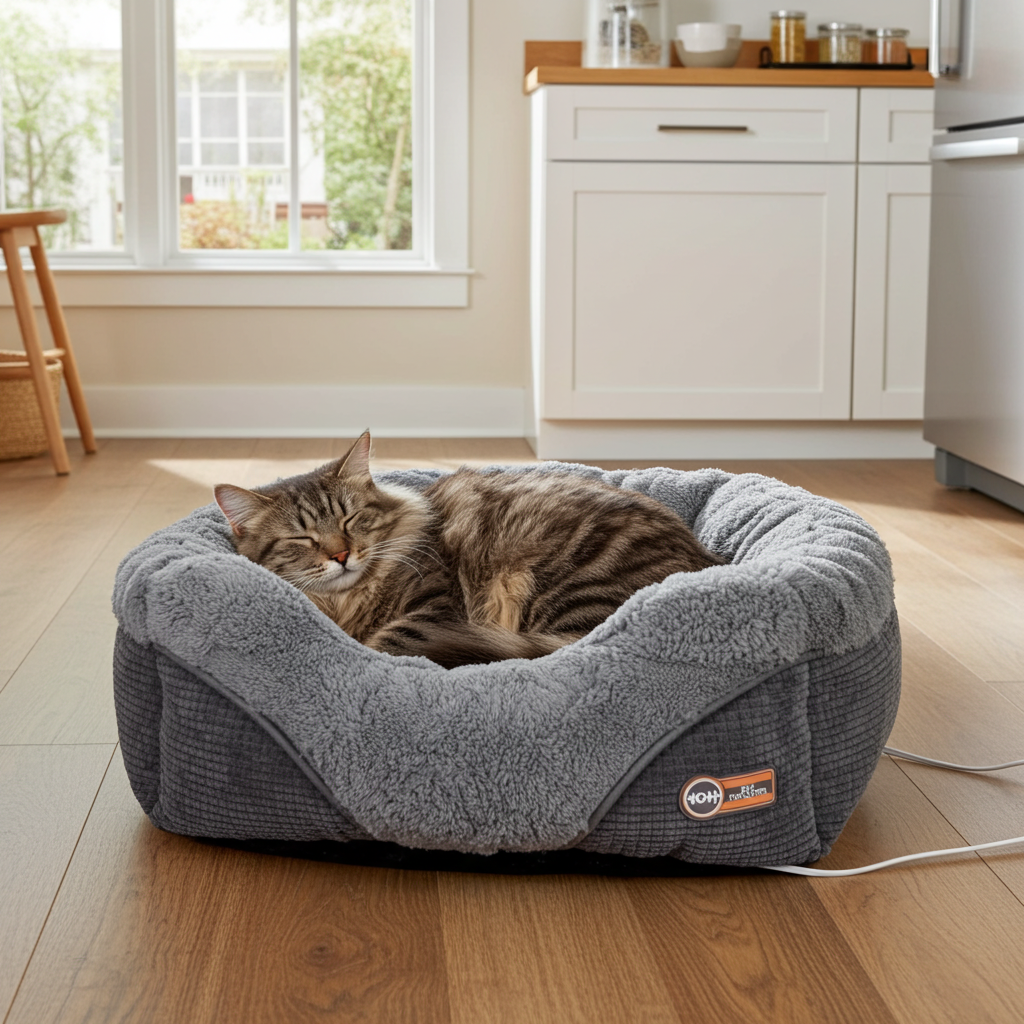 Grey plush heated pet bed with raised bolster and visible power cord