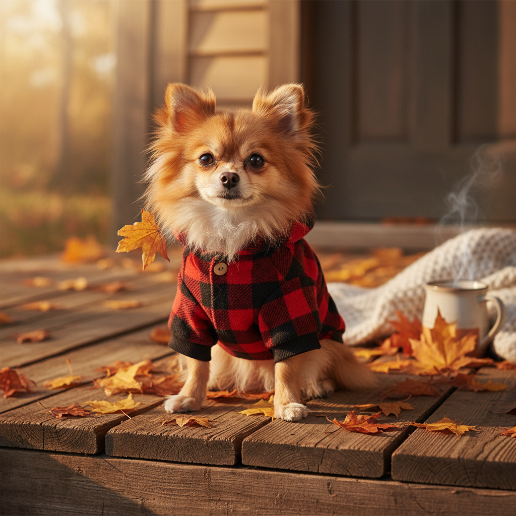 Red plaid hooded dog sweater with dark trim and buttoned front on autumn leaves.