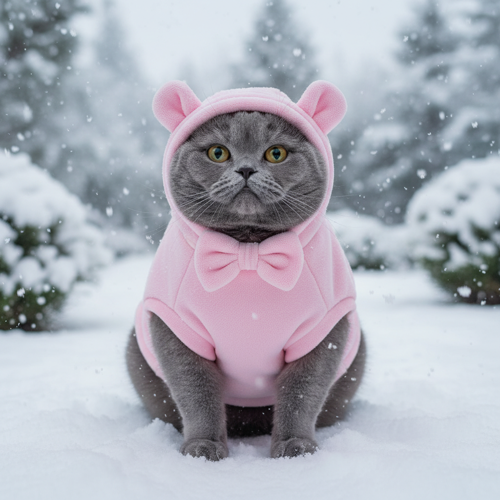 Pink plush cat hoodie with hood ears and bow, front view