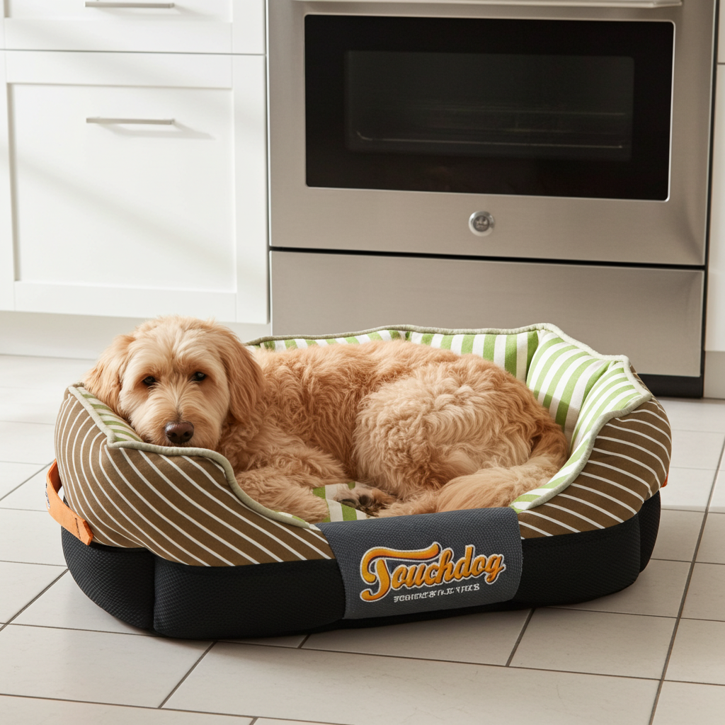 Rectangular rounded dog bed with green-and-white striped top, dark base, Touchdog logo patch