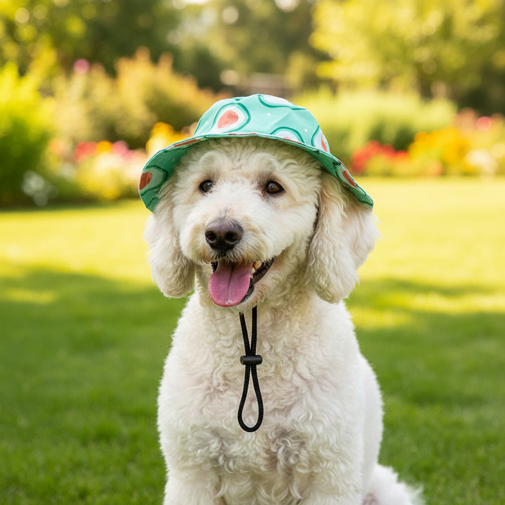 Green pet bucket sun hat with ear holes and chin strap, wide brim