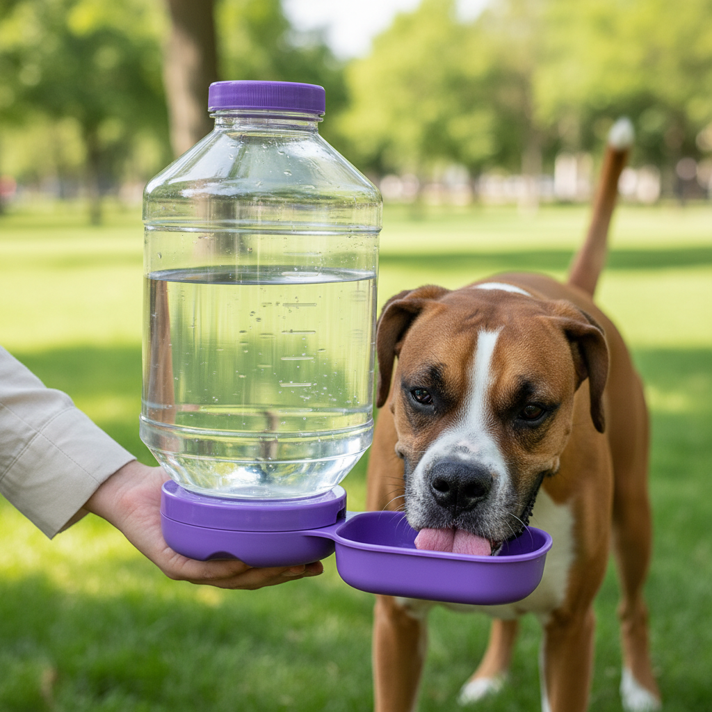 Portable dog travel water bottle with built-in spill-proof bowl, purple accents