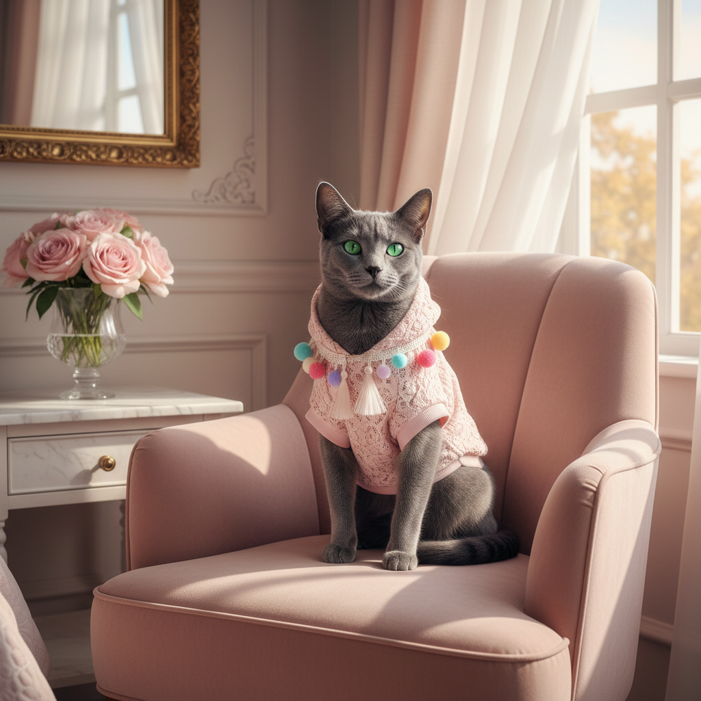 Lightweight lace dog hoodie with colorful pom-pom and tassel trim