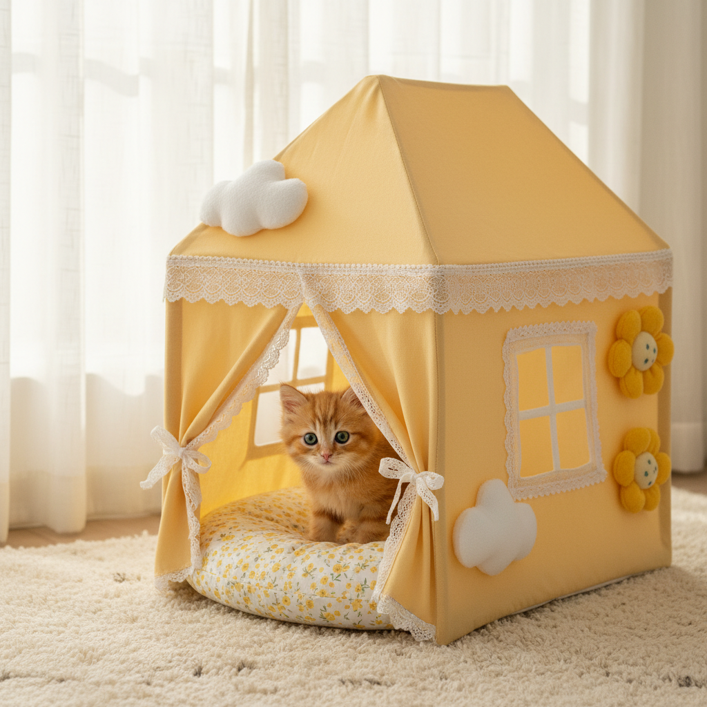 Khaki princess-style pet tent house with lace trim, open curtains, and window detail