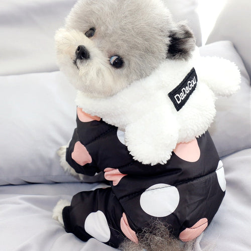 Black polka dot snowsuit jumpsuit with sherpa hood and snap front