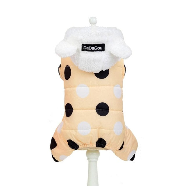 Khaki polka dot snowsuit jumpsuit back view with sherpa hood