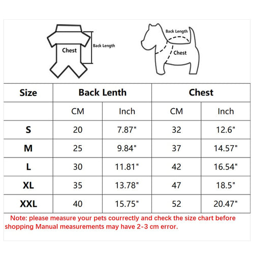Pet snowsuit size chart showing back length and chest measurements in cm/inches