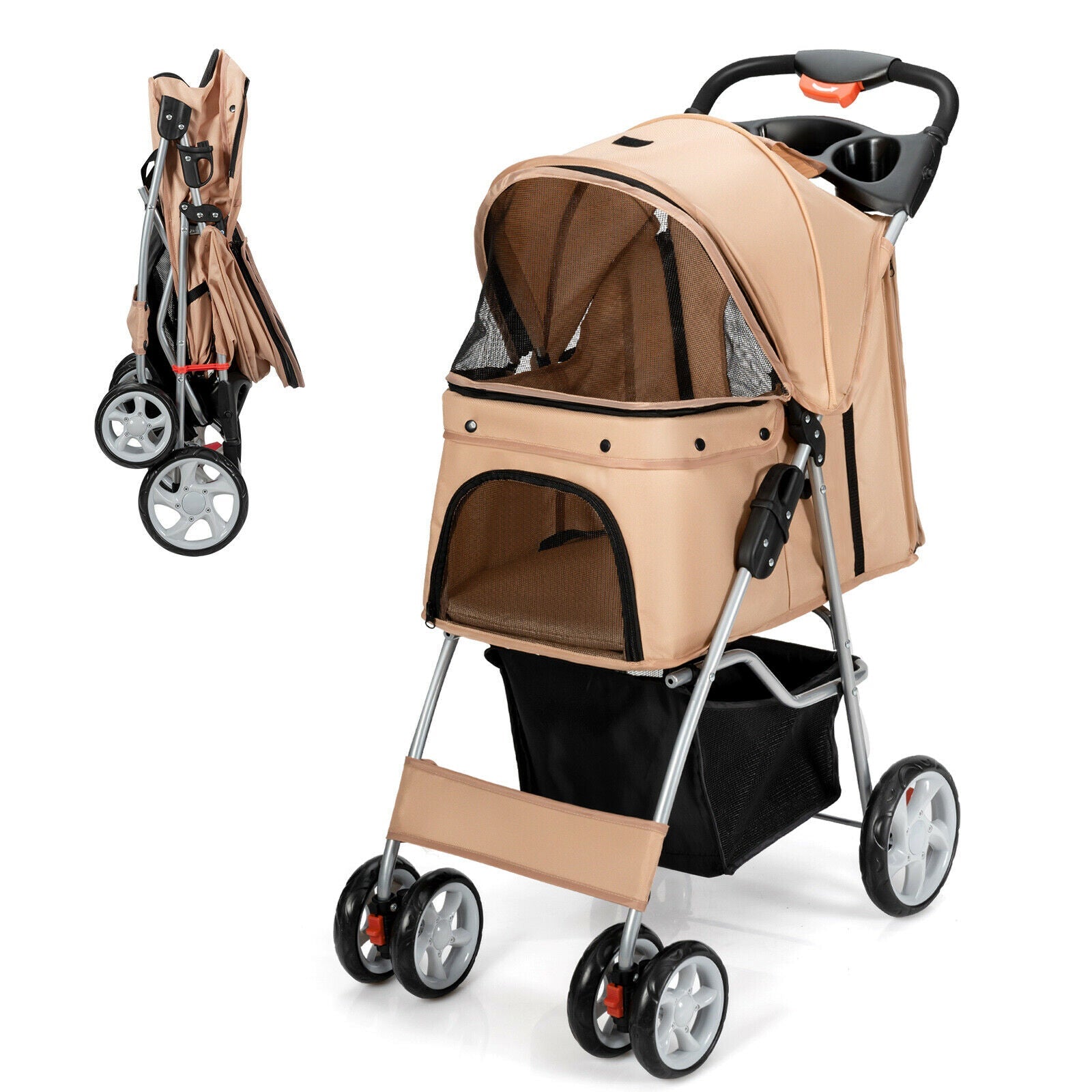 Beige 4-wheel pet stroller with mesh windows, front door, and canopy over carrier.