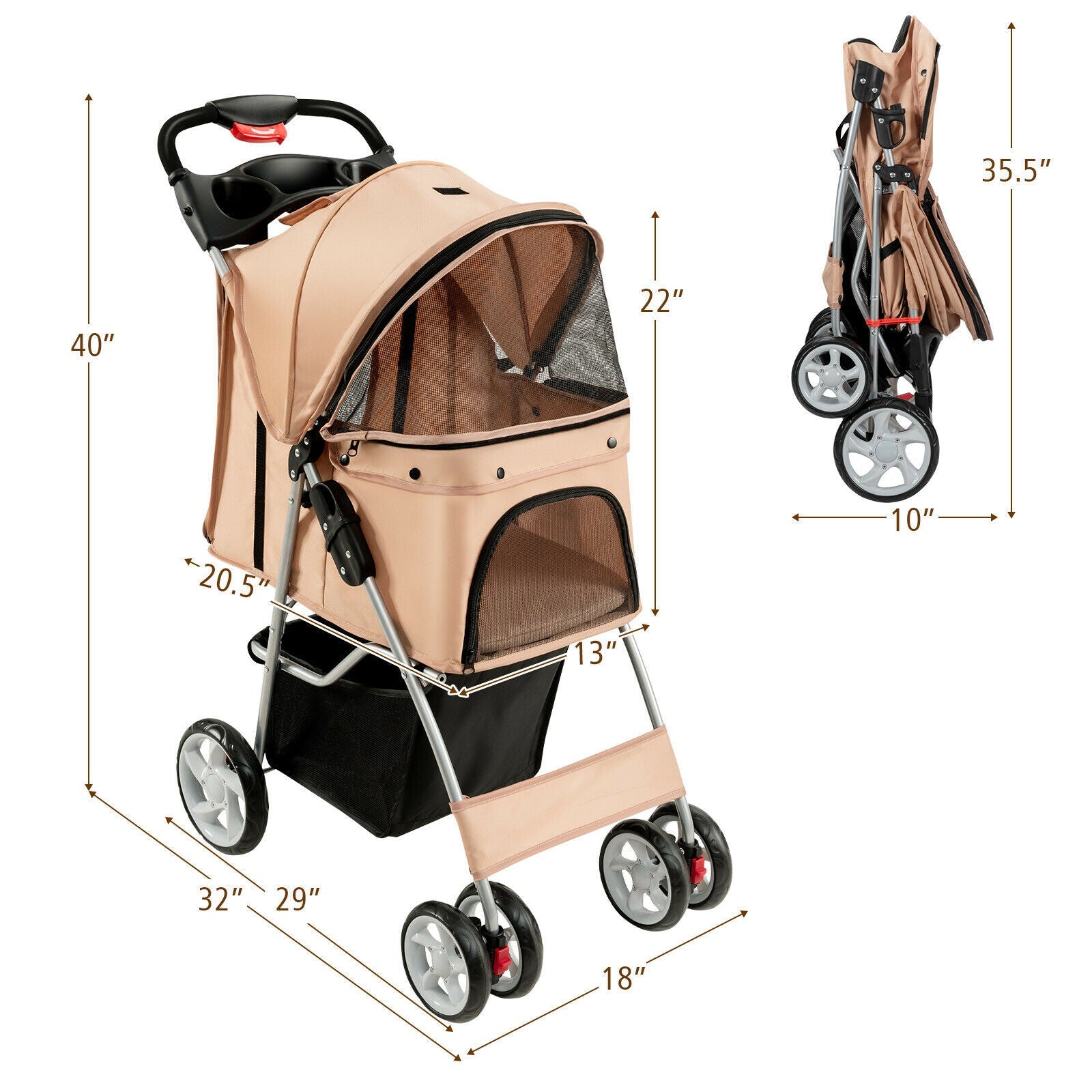 Beige foldable 4-wheel pet stroller carrier with mesh front and canopy cover.