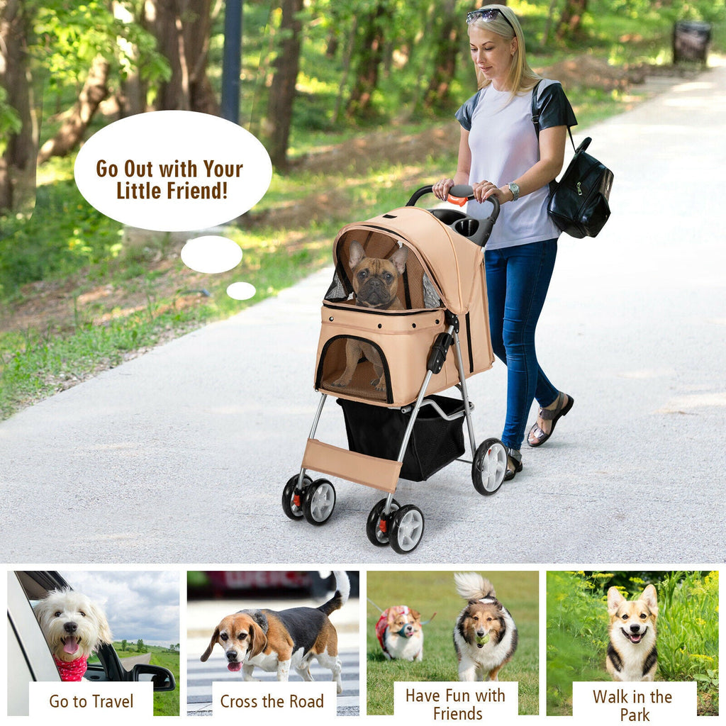 Beige 4-wheel pet stroller with mesh carrier and canopy, dog seated inside.