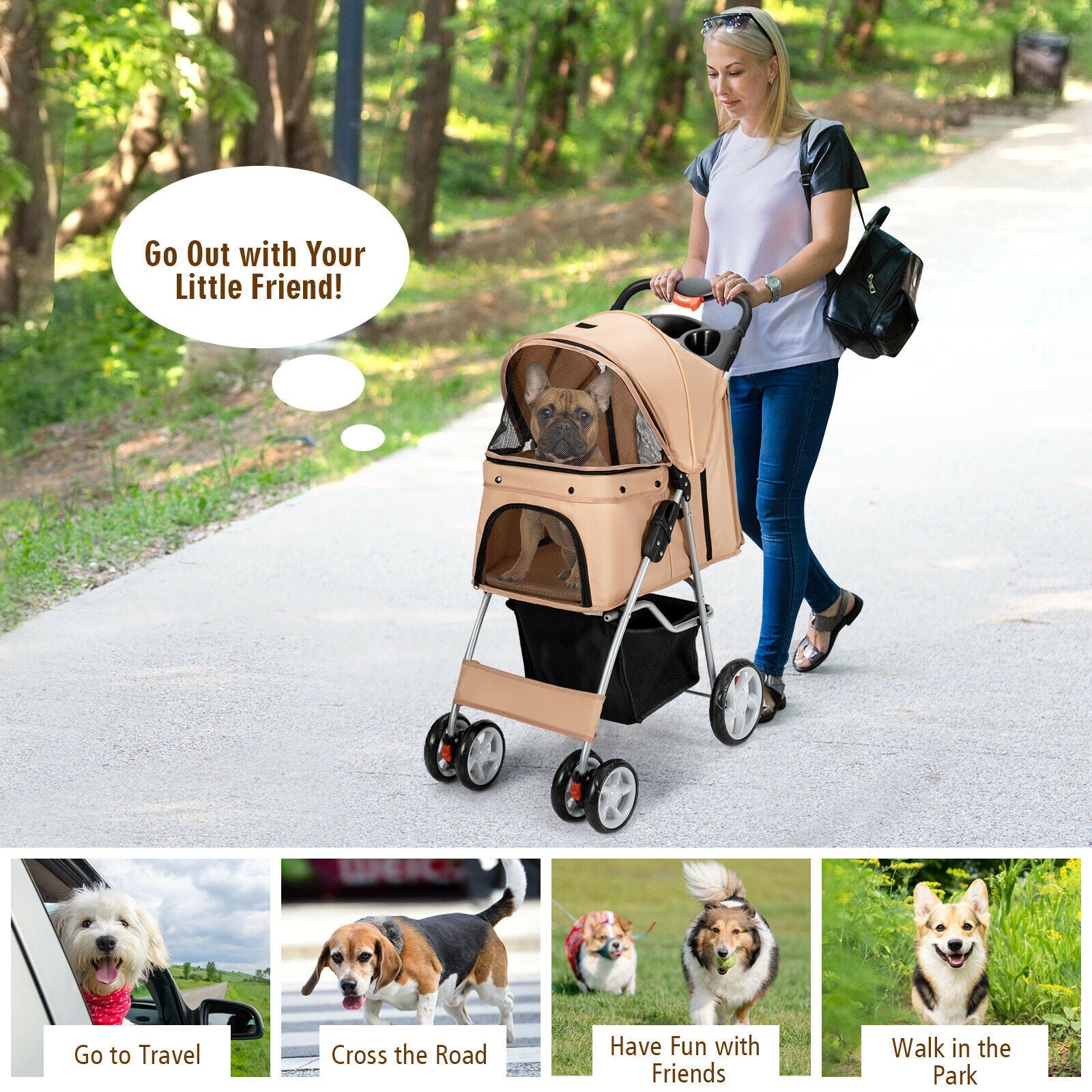 Beige 4-wheel pet stroller with mesh carrier and canopy, dog seated inside.