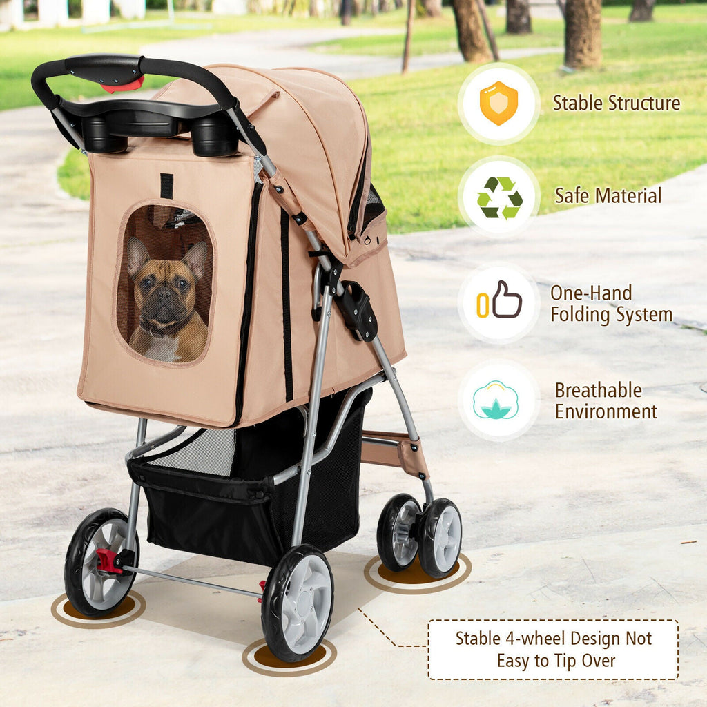 Beige pet stroller with mesh front window and canopy, small dog visible inside.