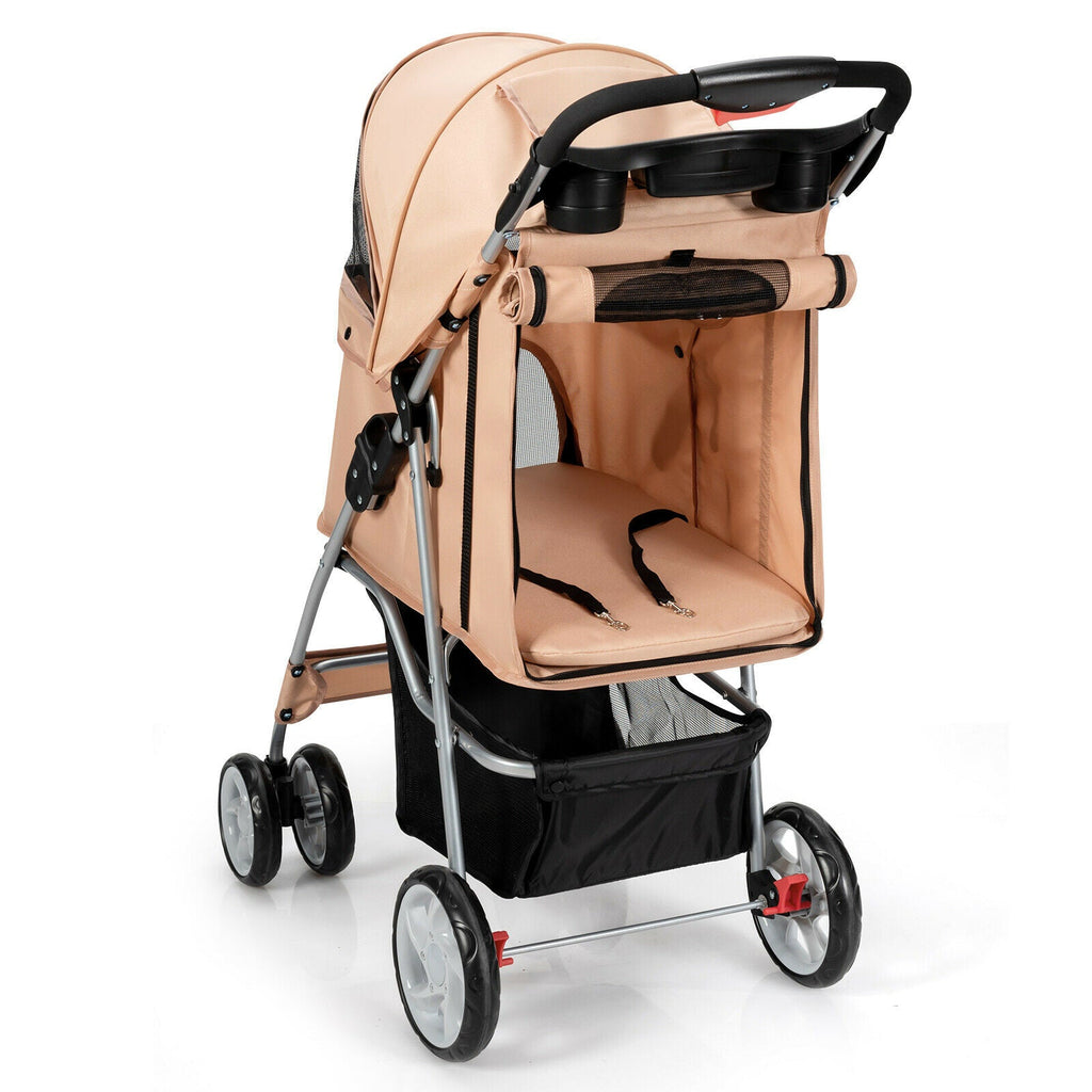 Beige pet stroller with mesh seat, padded interior, and black underbasket.