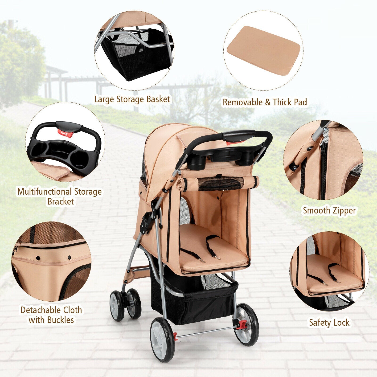 Beige pet stroller with 4 wheels, open mesh seat, and large storage basket.