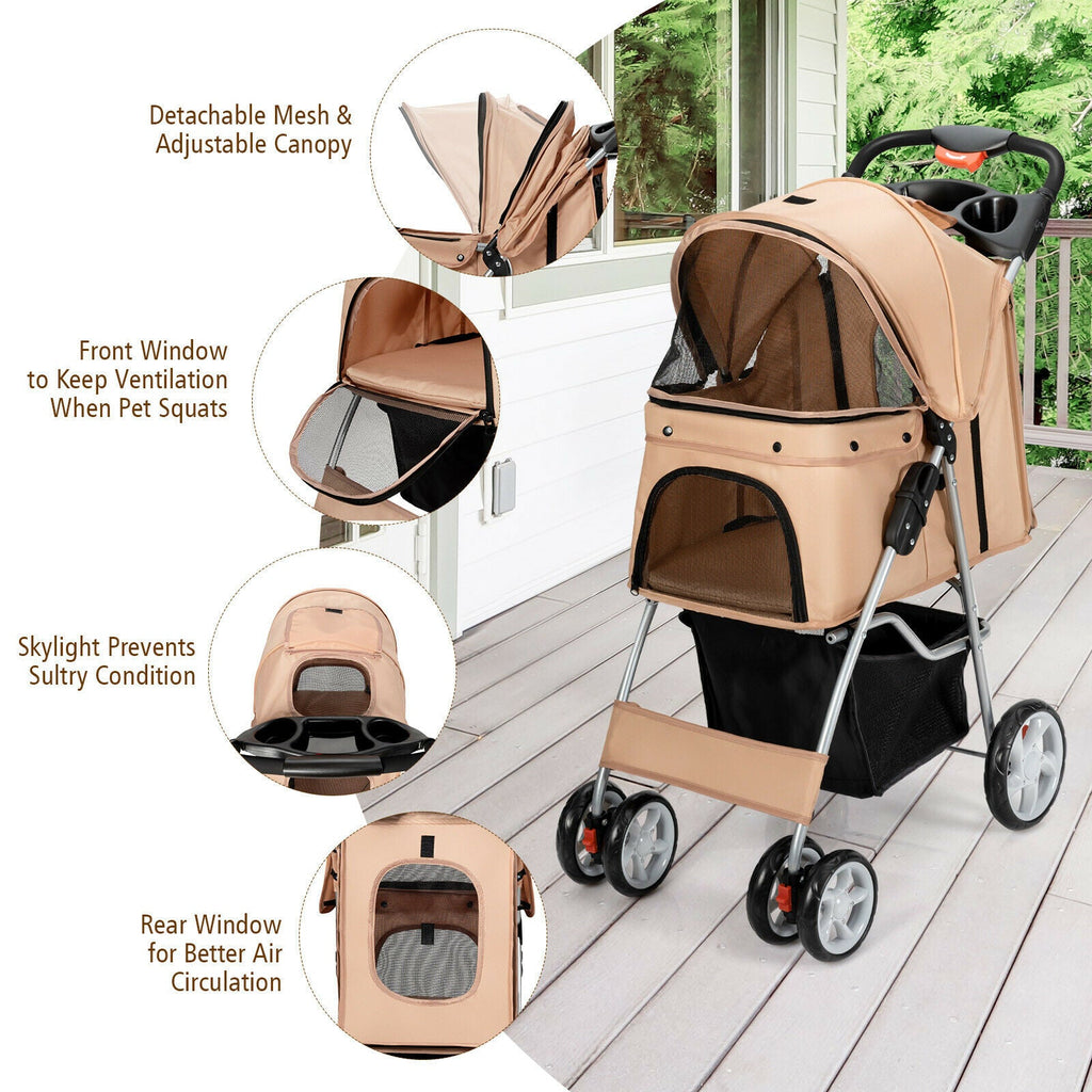 Beige pet stroller with mesh windows, adjustable canopy, and front ventilation panel.