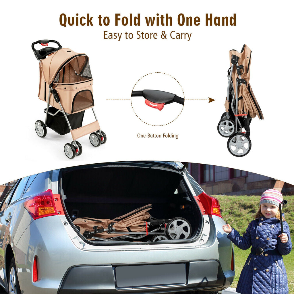 Beige foldable pet stroller shown folded and pushed on 4 wheels with front canopy