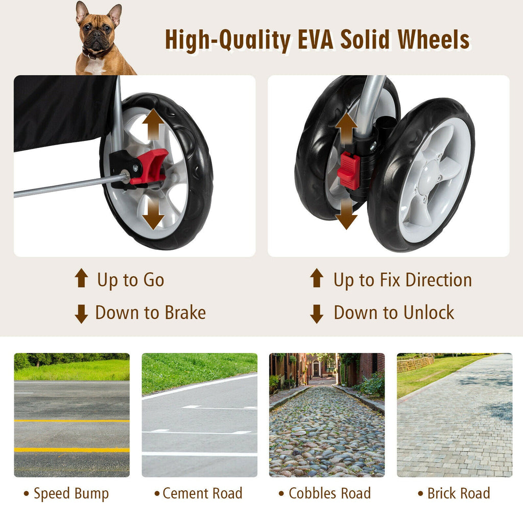 Pet stroller with solid EVA-style 4 wheels and stroller frame for smooth rolling.
