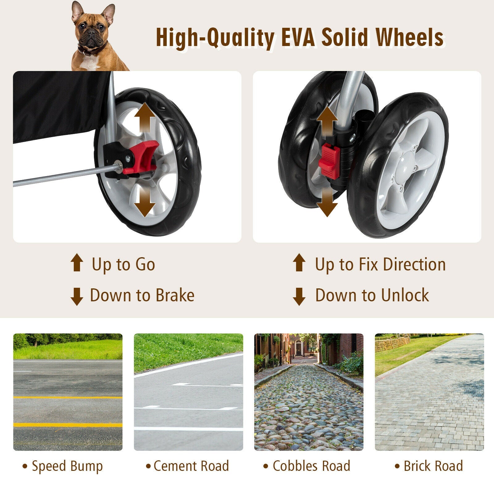 Pet stroller with solid EVA-style 4 wheels and stroller frame for smooth rolling.
