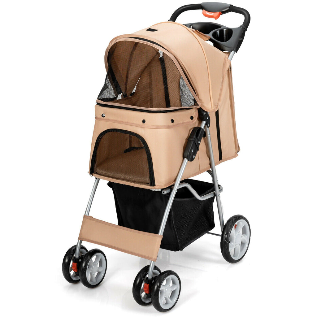 Beige pet stroller carrier with mesh front panels, canopy, and black underbasket.