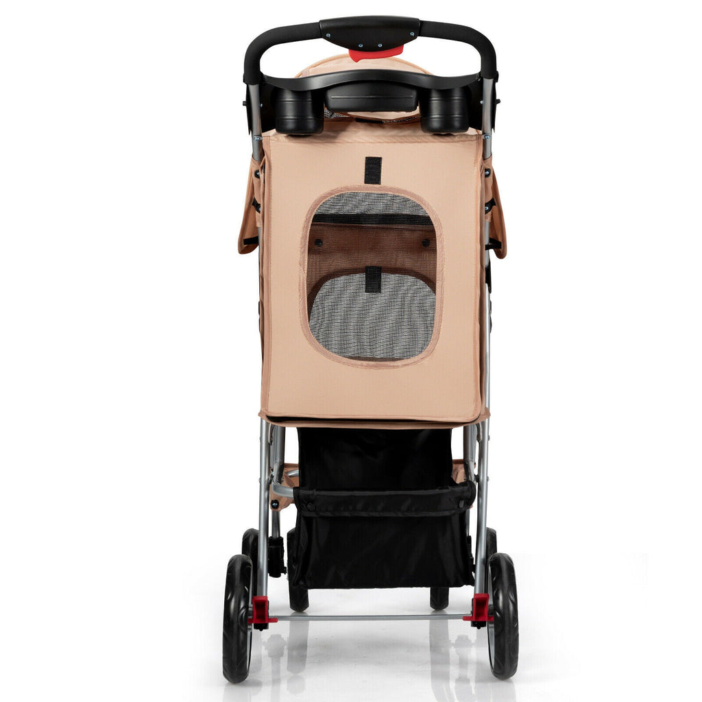 Beige 4-wheel foldable pet stroller with front mesh window and handle cover