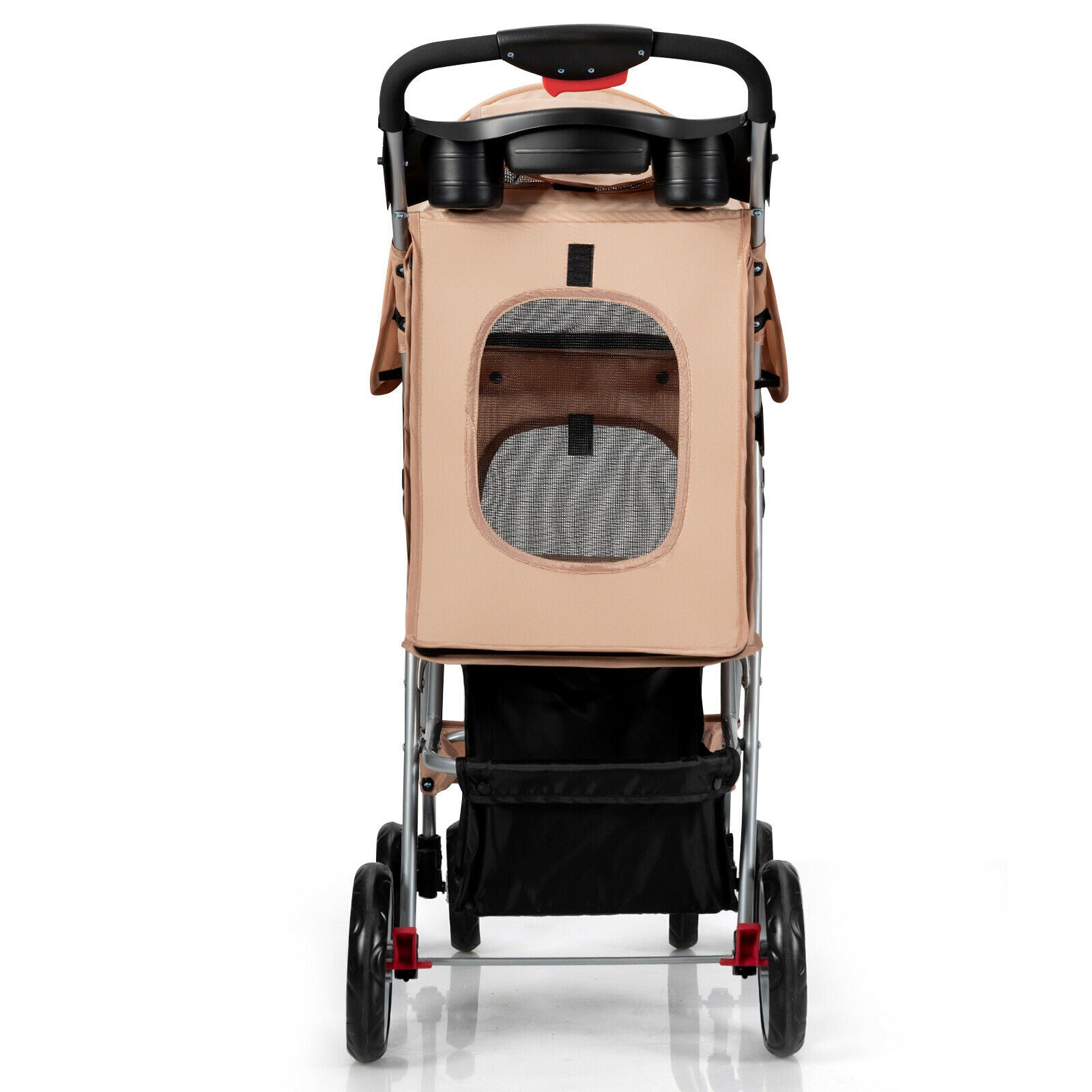 Beige 4-wheel foldable pet stroller with front mesh window and handle cover