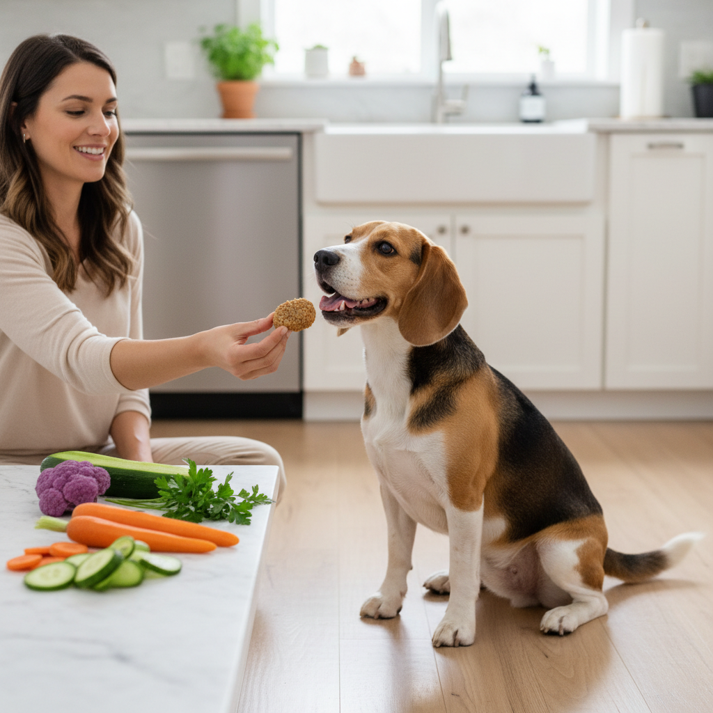 Dog treat with veggie snacks, offered to a beagle from an open hand
