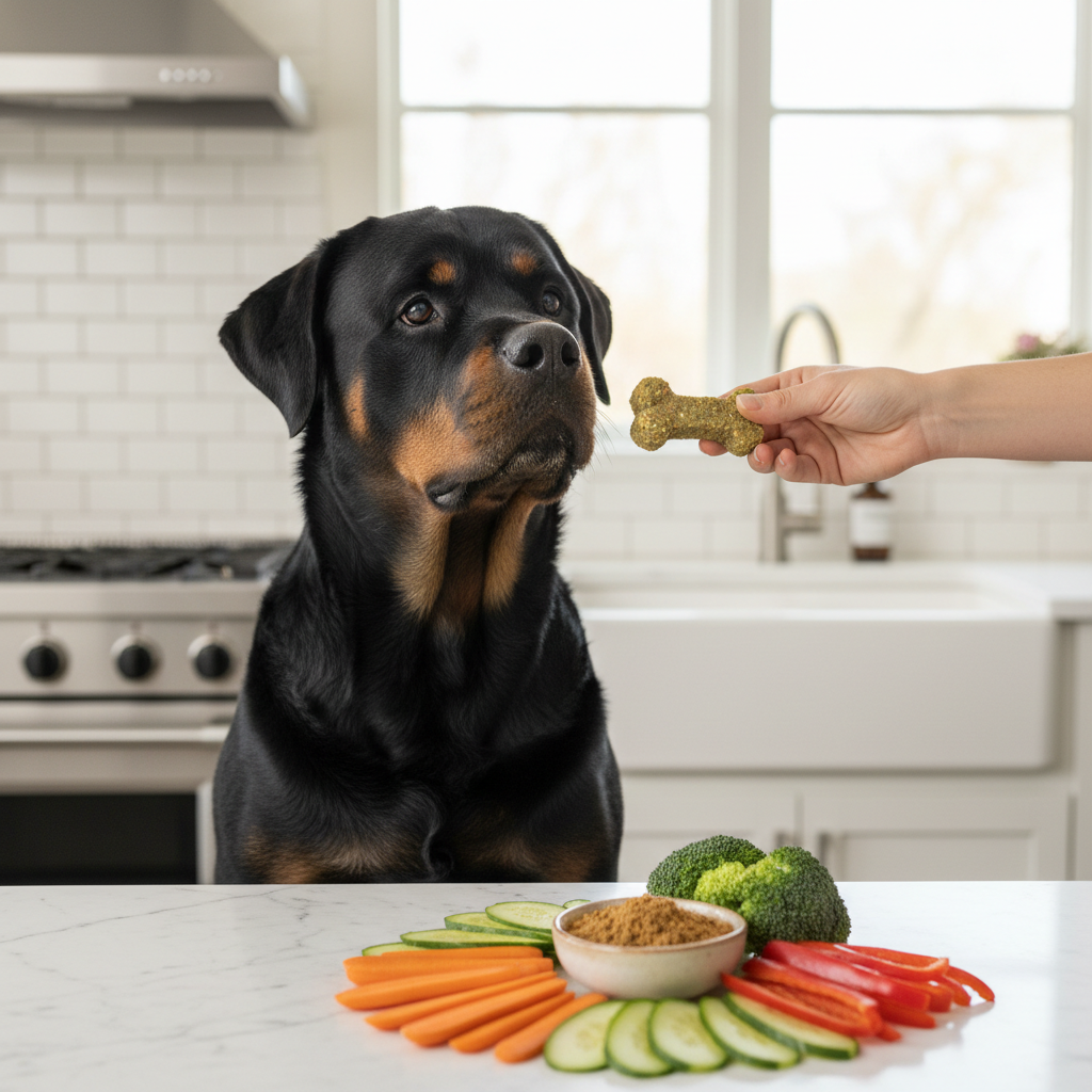 Bone-shaped dog treat beside carrots, broccoli, and cucumber with a rottweiler waiting
