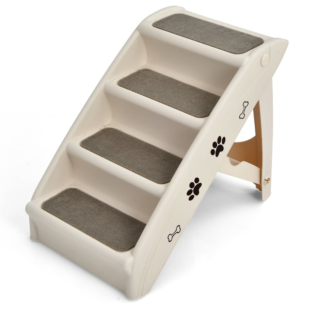 Cream 4-step collapsible plastic pet stairs close-up with gray non-slip steps and paw decals