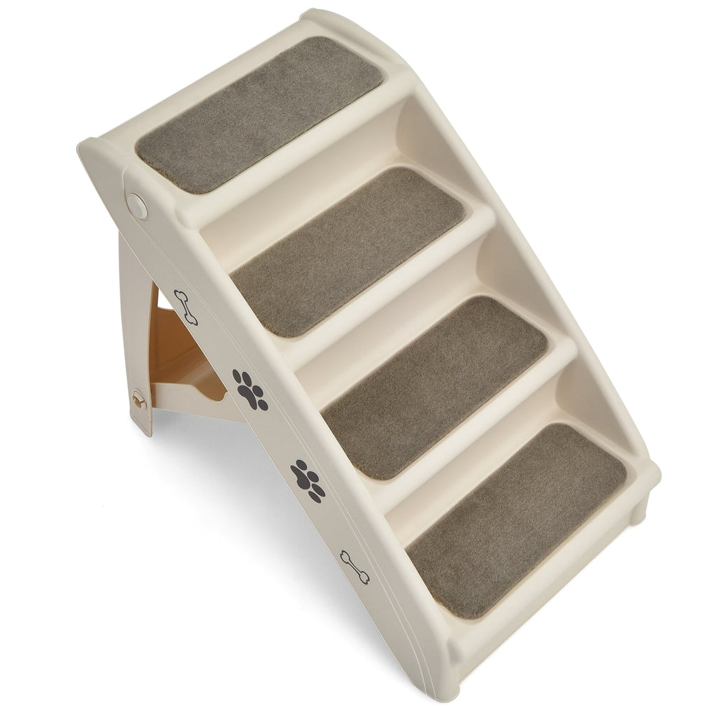White 4-step collapsible plastic pet stairs with gray non-slip steps and paw print decals