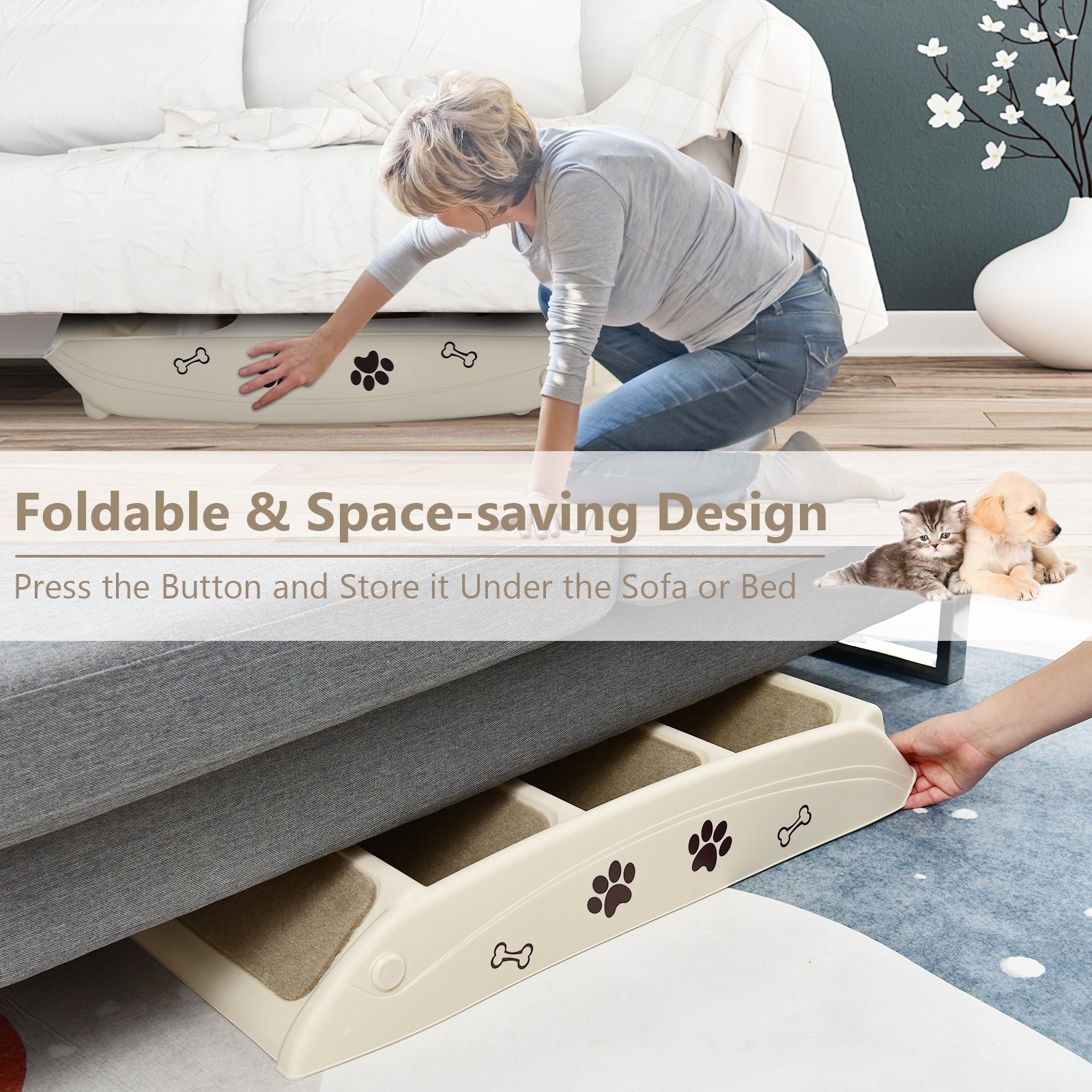 Beige collapsible pet stairs being set up with carpeted steps and paw icons