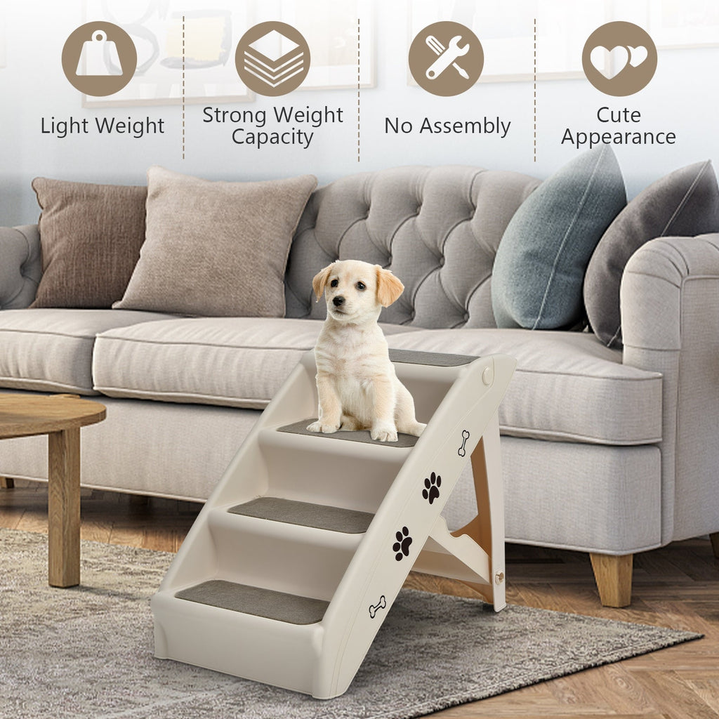White 4-step collapsible plastic pet stairs with gray non-slip steps, folded legs, and paw decals