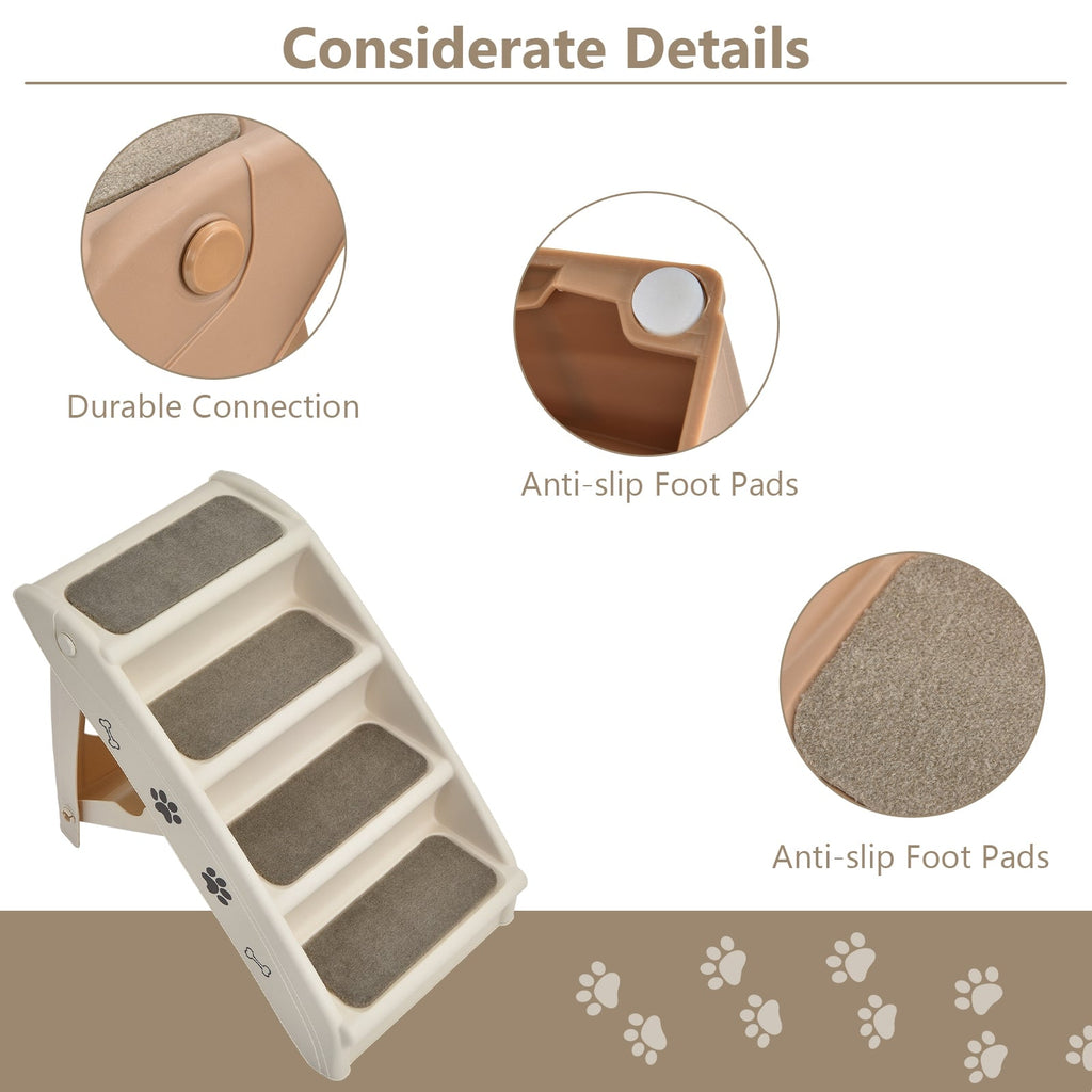 Collapsible plastic pet stairs, white with gray non-slip steps and anti-slip foot pads