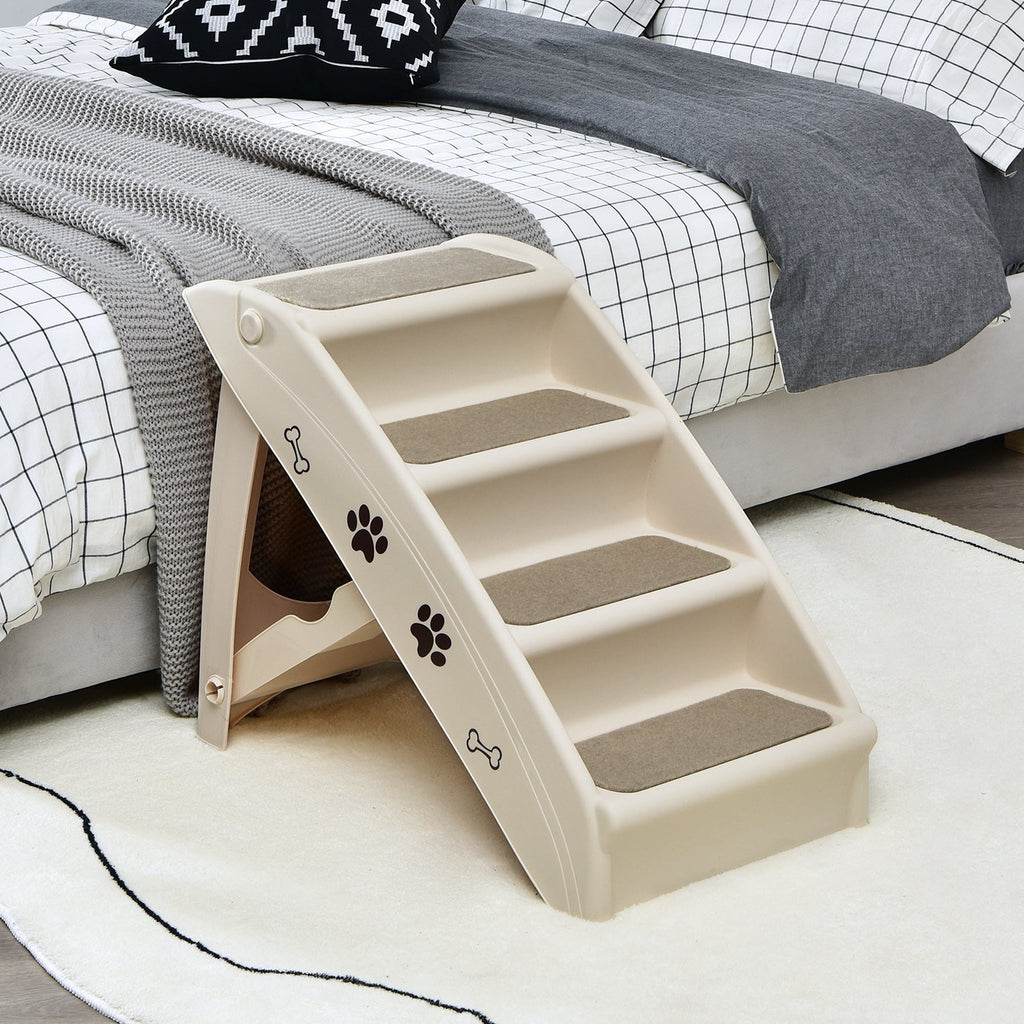 Collapsible plastic pet stairs, white with gray non-slip steps and paw-print decals