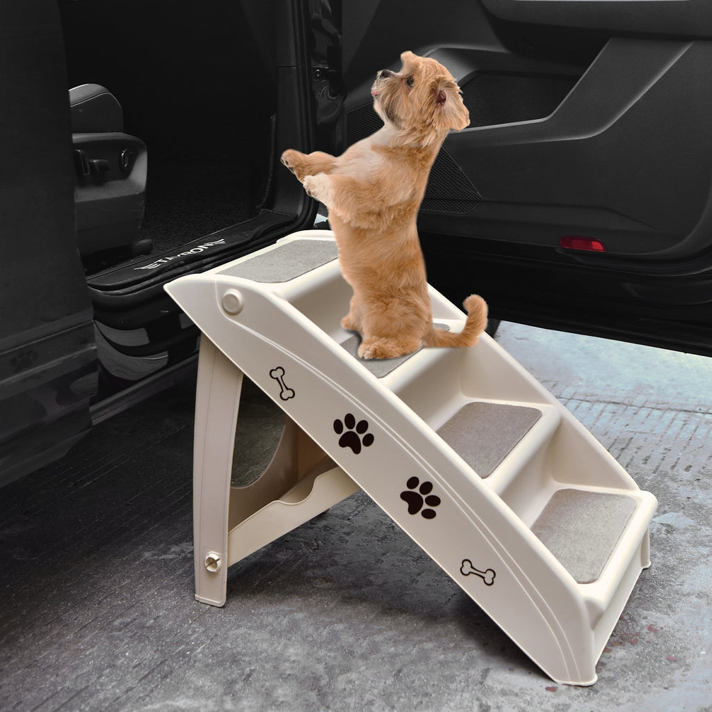 Cream 4-step collapsible plastic pet stairs with non-slip gray pads and paw print decals