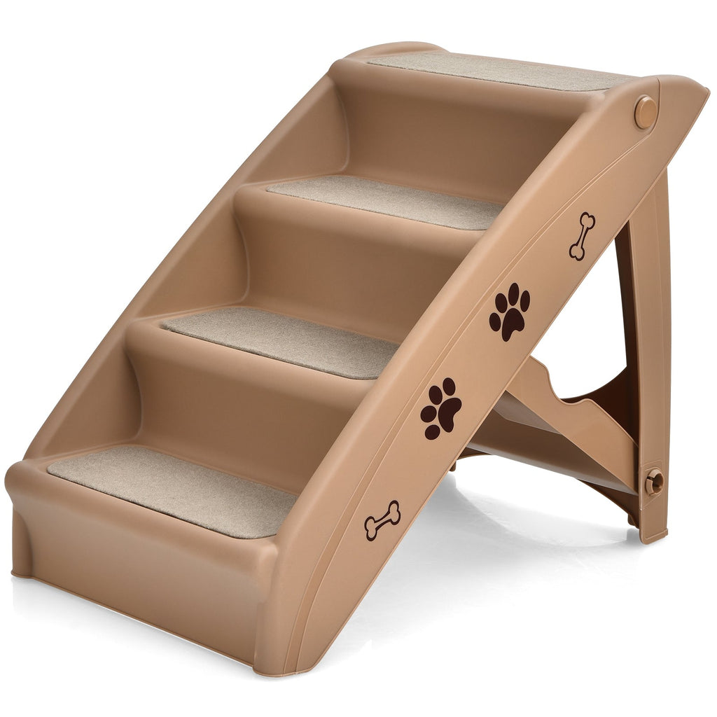 Tan 4-step collapsible plastic pet stairs with gray non-slip steps and paw print decals