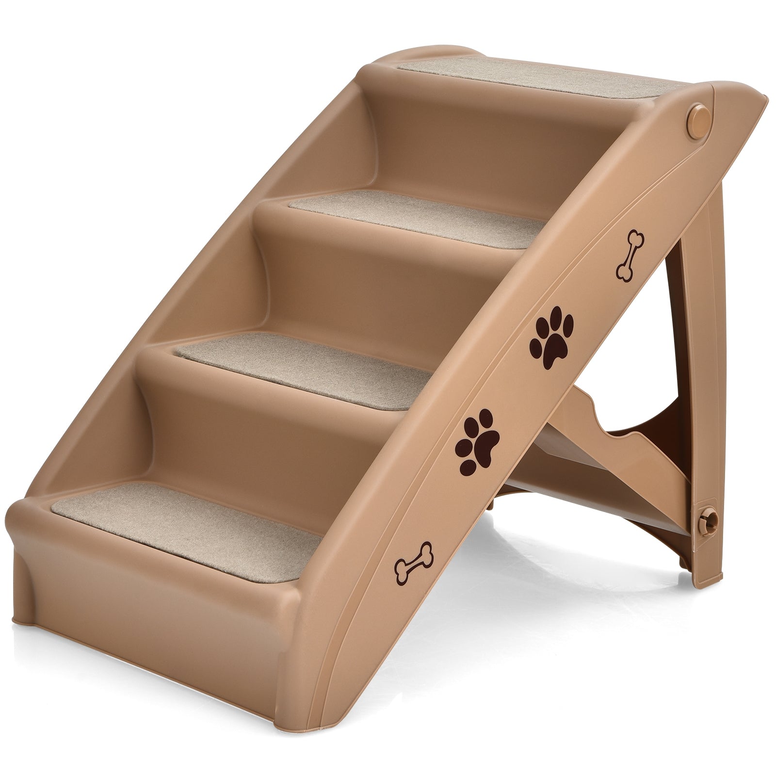 Tan 4-step collapsible plastic pet stairs with gray non-slip steps and paw print decals