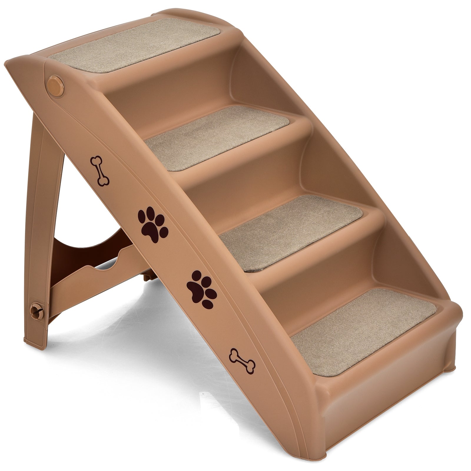 Collapsible plastic pet stairs, tan with beige non-slip steps and paw-print decals