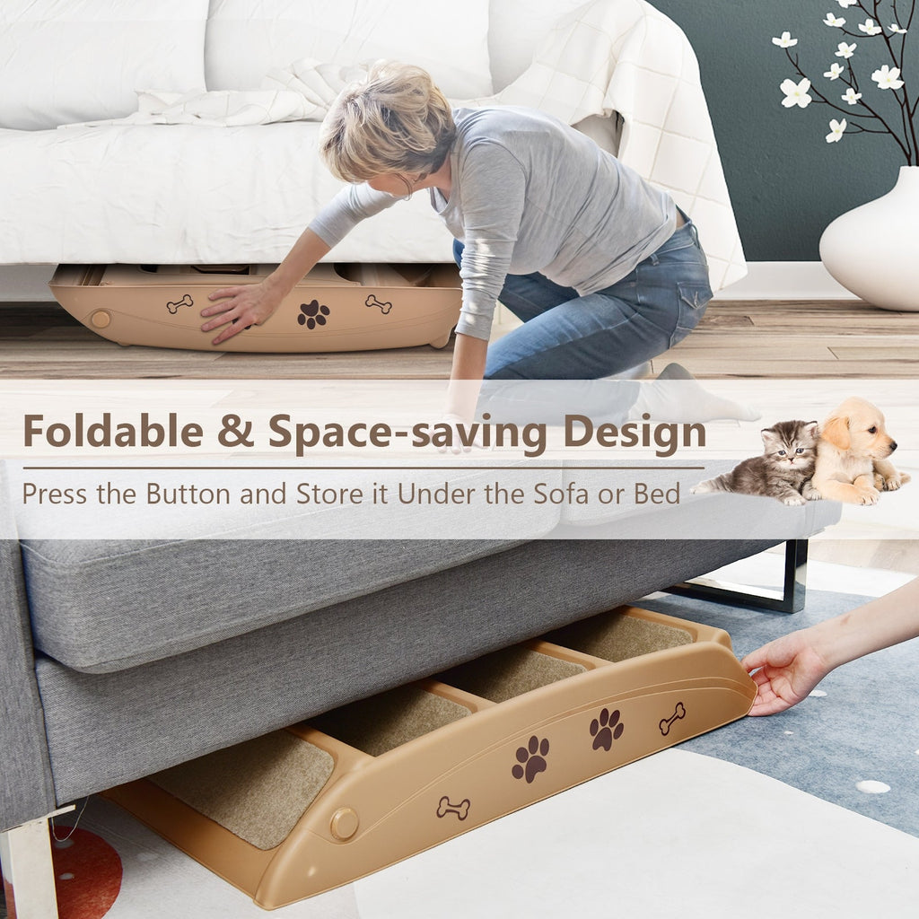 Beige collapsible pet stairs folded under a sofa with paw and bone decals