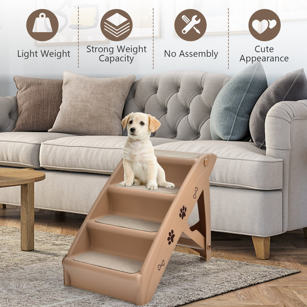 Beige 4-step collapsible plastic pet stairs with gray non-slip steps and paw print decals