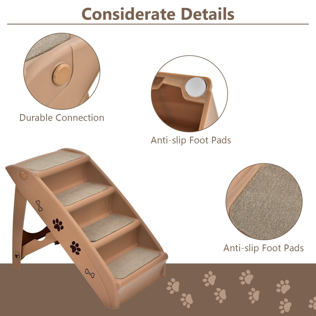 Collapsible plastic pet stairs, beige with anti-slip foot pads and non-slip steps