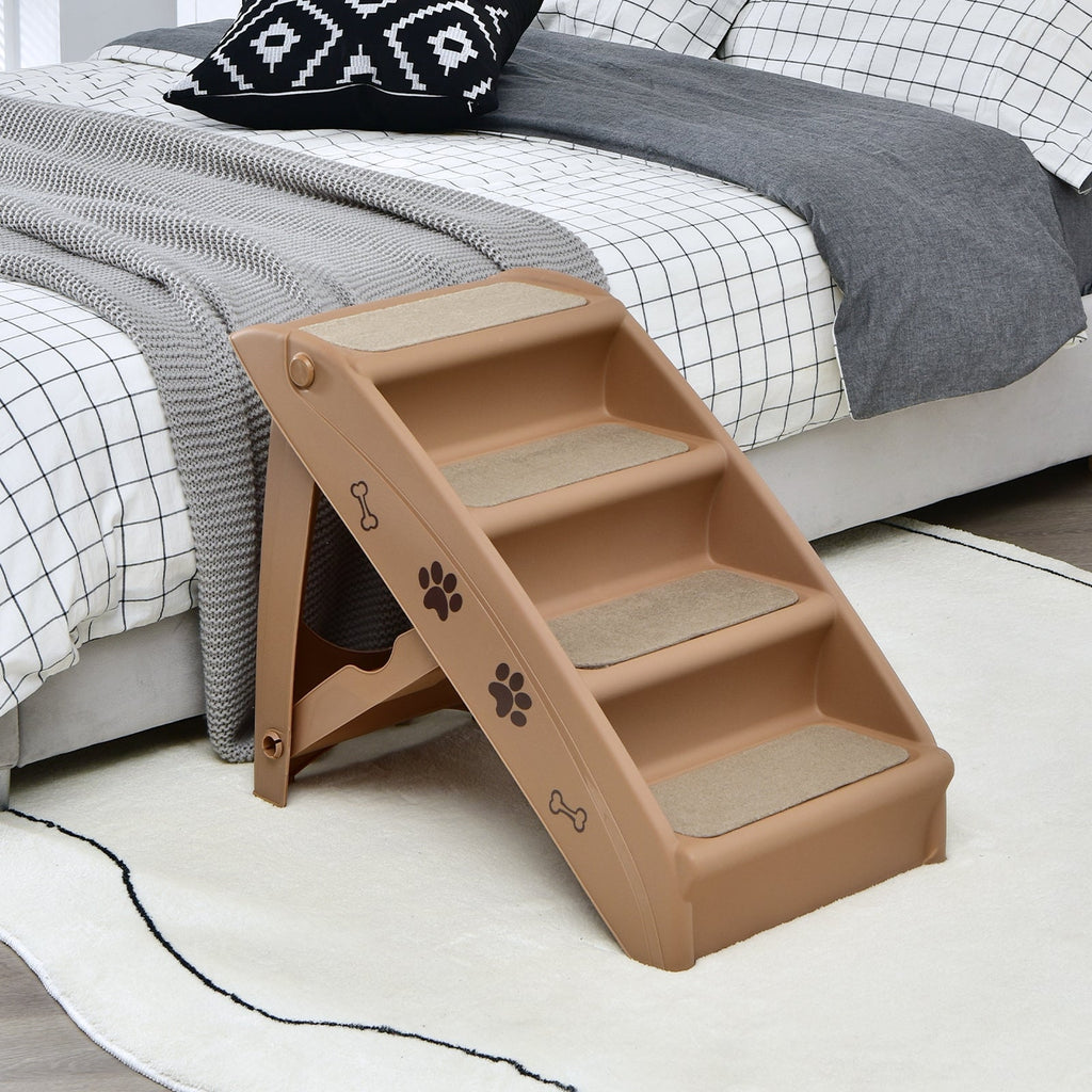 Collapsible plastic pet stairs, tan with beige non-slip steps and paw-print decals