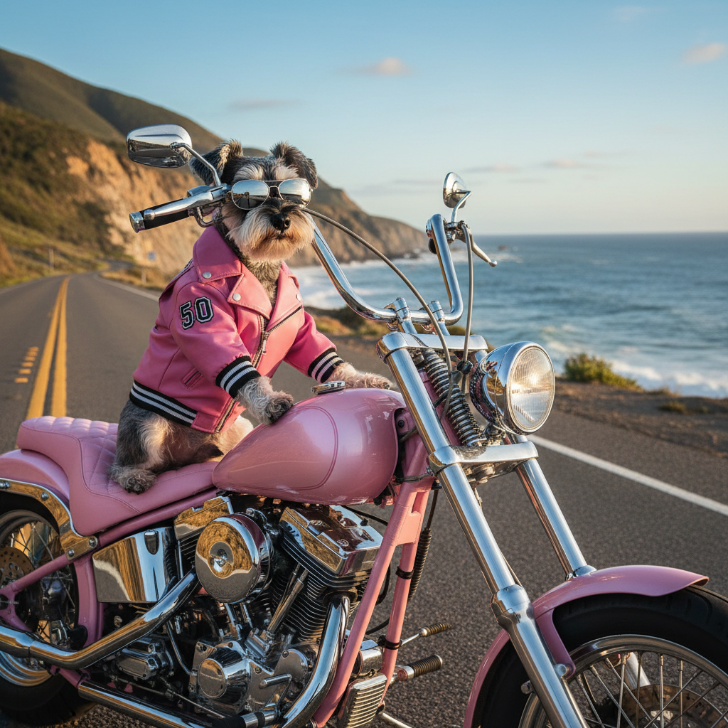Dog PU leather motorcycle jacket, pink with front zipper and striped trim, size S–XXL.
