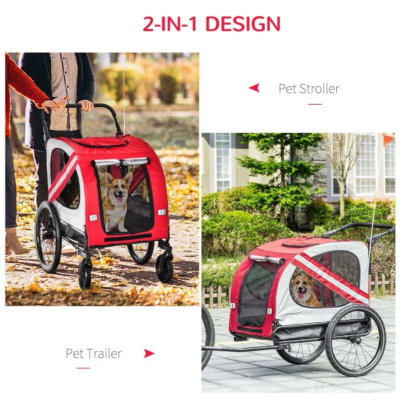 Red pet trailer stroller with mesh windows and front door panel
