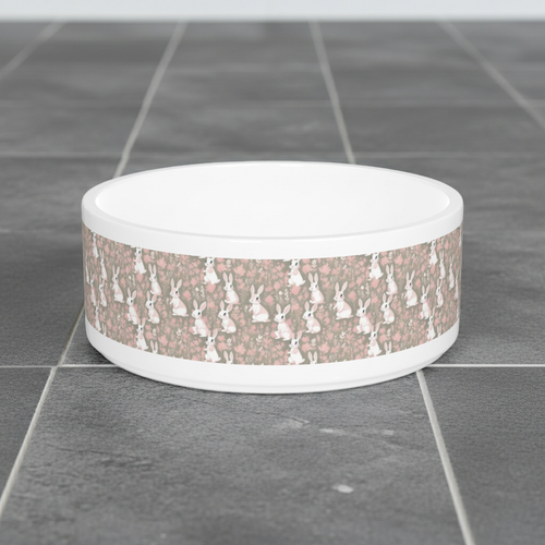 Ceramic pet bowl with full-width rabbit parade print band and white interior