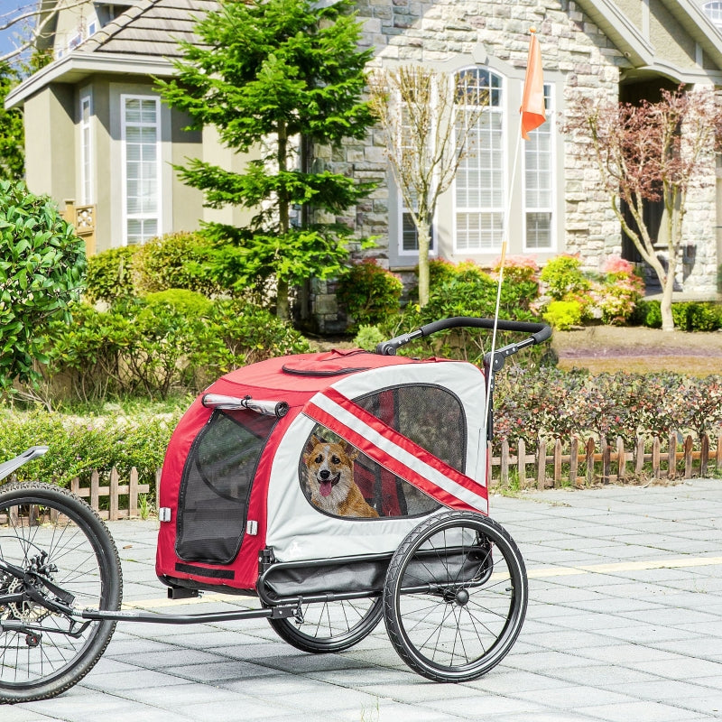 Red and white 2-in-1 pet bike trailer stroller with front mesh door and large wheels