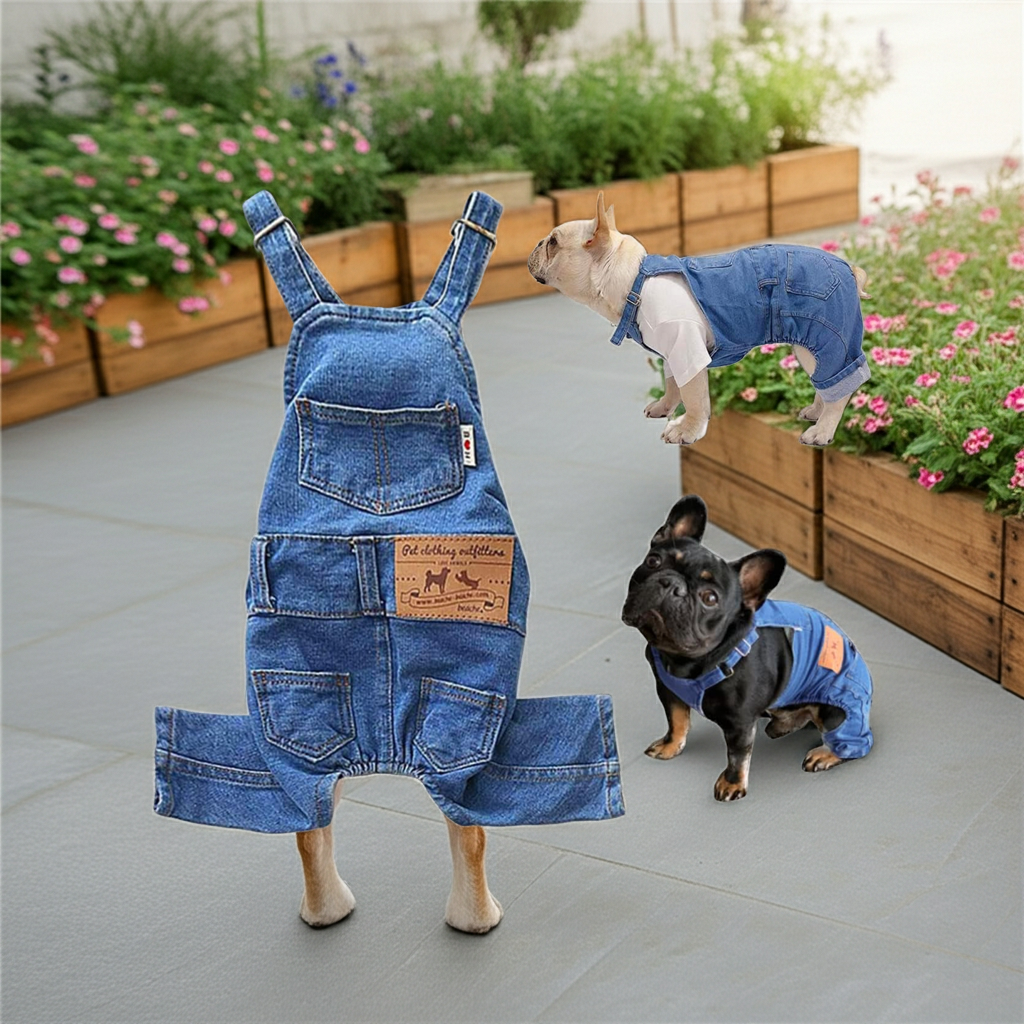 Blue denim pet overalls jumpsuit with front chest pocket and adjustable straps