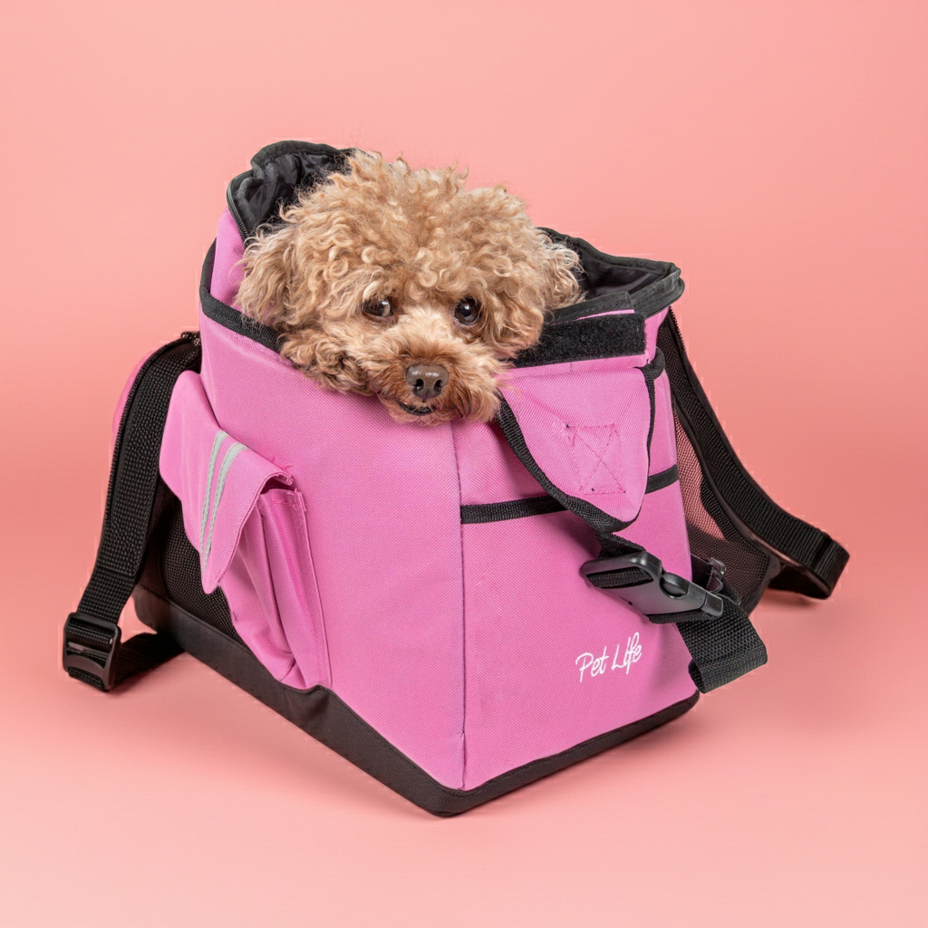 Pink over-the-shoulder dog carrier with front pouch and black adjustable shoulder straps