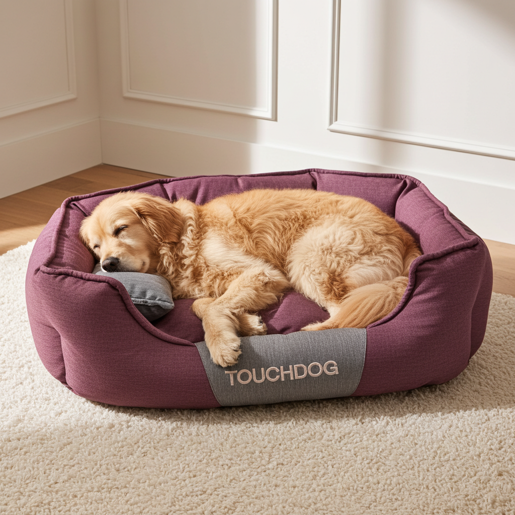 Oval fabric dog bed in dark purple with cushioned oval bolsters and gray inner pad, TOUCHDOG logo