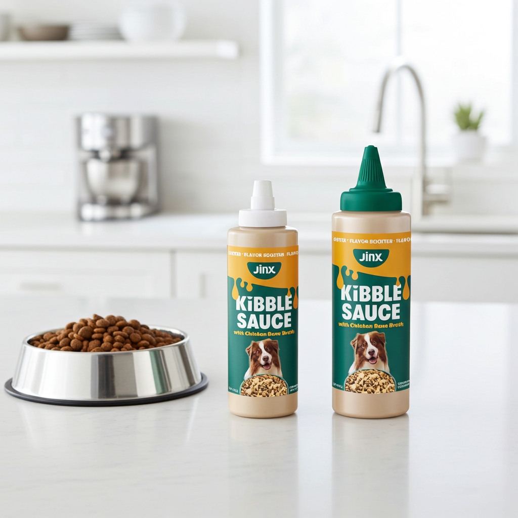 Two Kibble Sauce bottles beside a stainless dog bowl filled with kibble