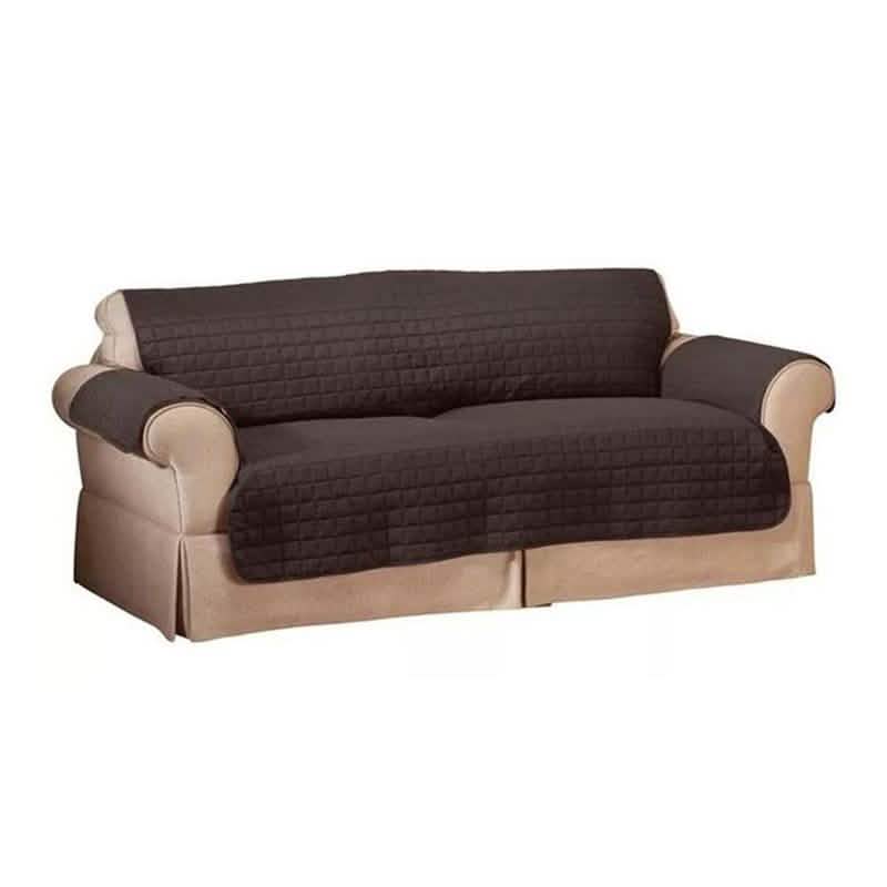 Quilted pet protector furniture slipcover in chocolate brown with beige base, 3-seat